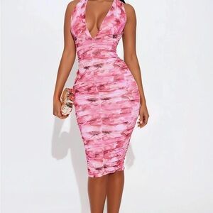 Floral ruched mesh midi dress